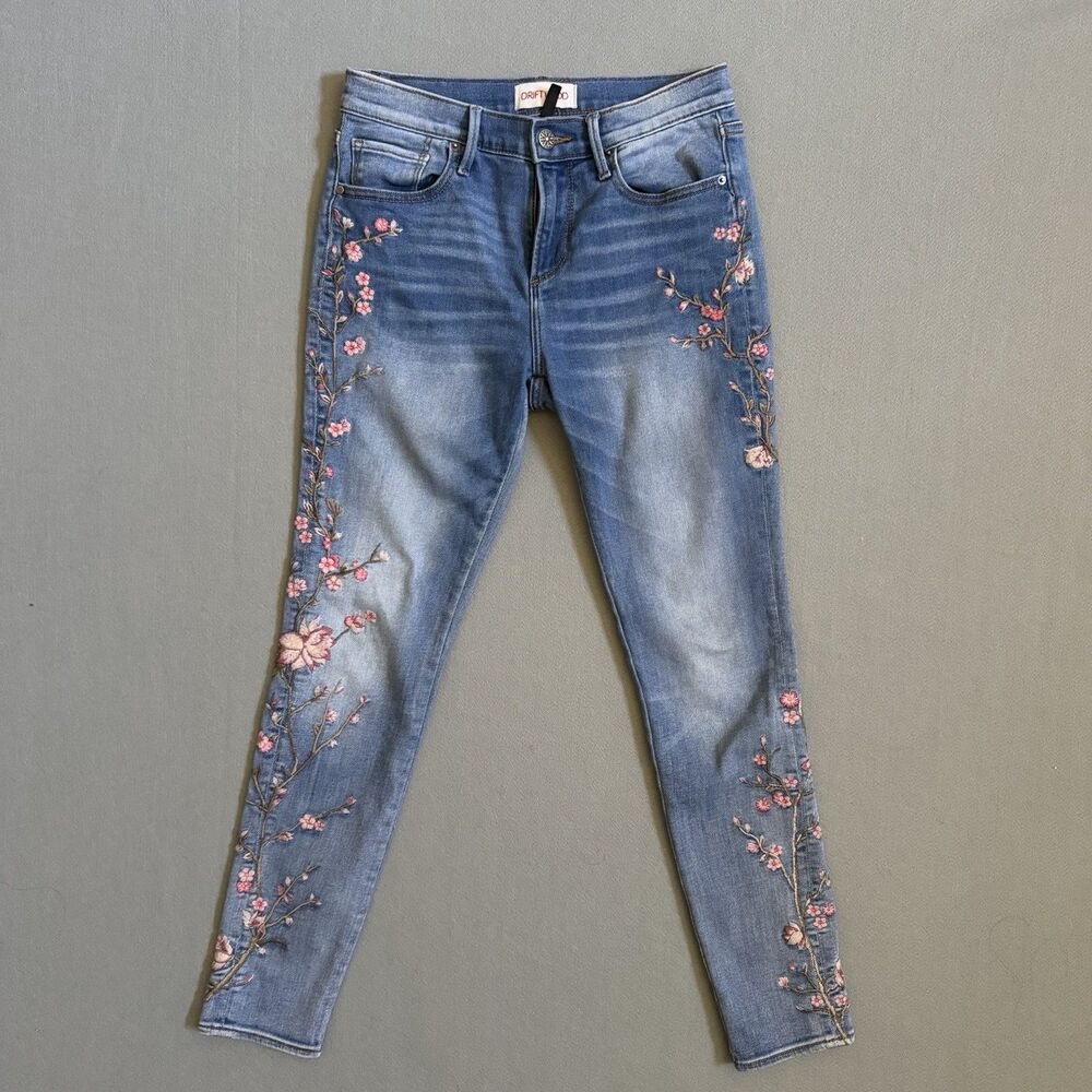 Driftwood Jackie Floral Embroidered Skinny Jeans Medium Wash Blue 26 Boho